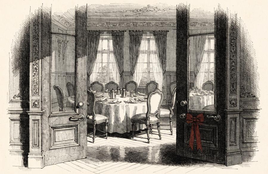 Dibujo a lápiz de unas puertas abiertas hacia un salón con una mesa redonda puesta para desayunar