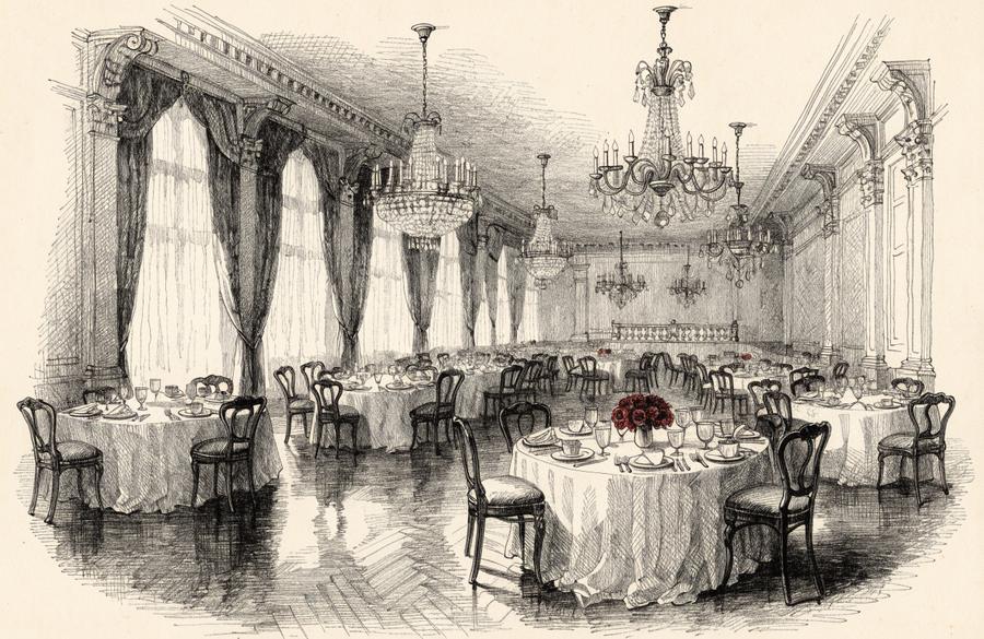 Dibujo a lápiz de un salón con mesas redondas puestas para desayunar