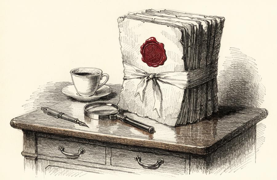 Dibujo a lápiz de un expediente de inteligencia con sello rojo, lupa y taza de café